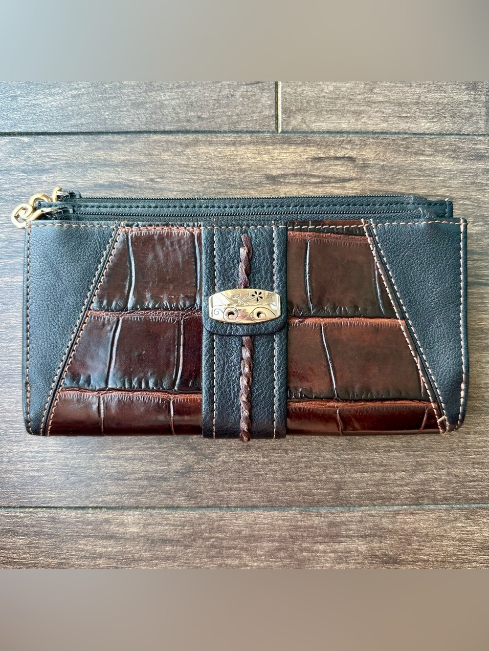 Vintage BRIGHTON Black Leather Brown Croc Organizer Wallet Clutch - No Strap
